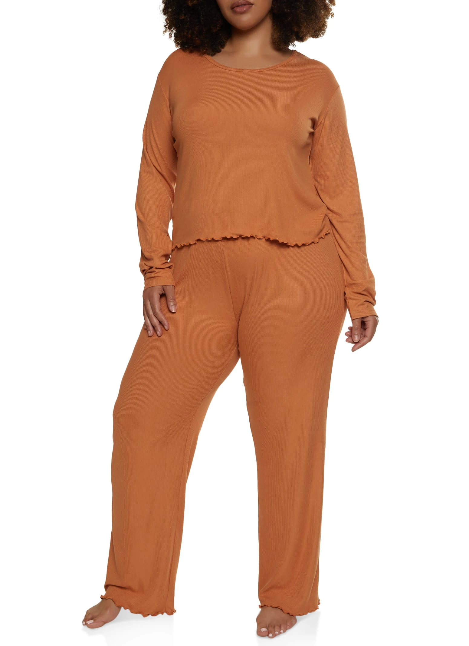 Plus Size Solid Ribbed Knit Lettuce Edge Pajama Top And Pants