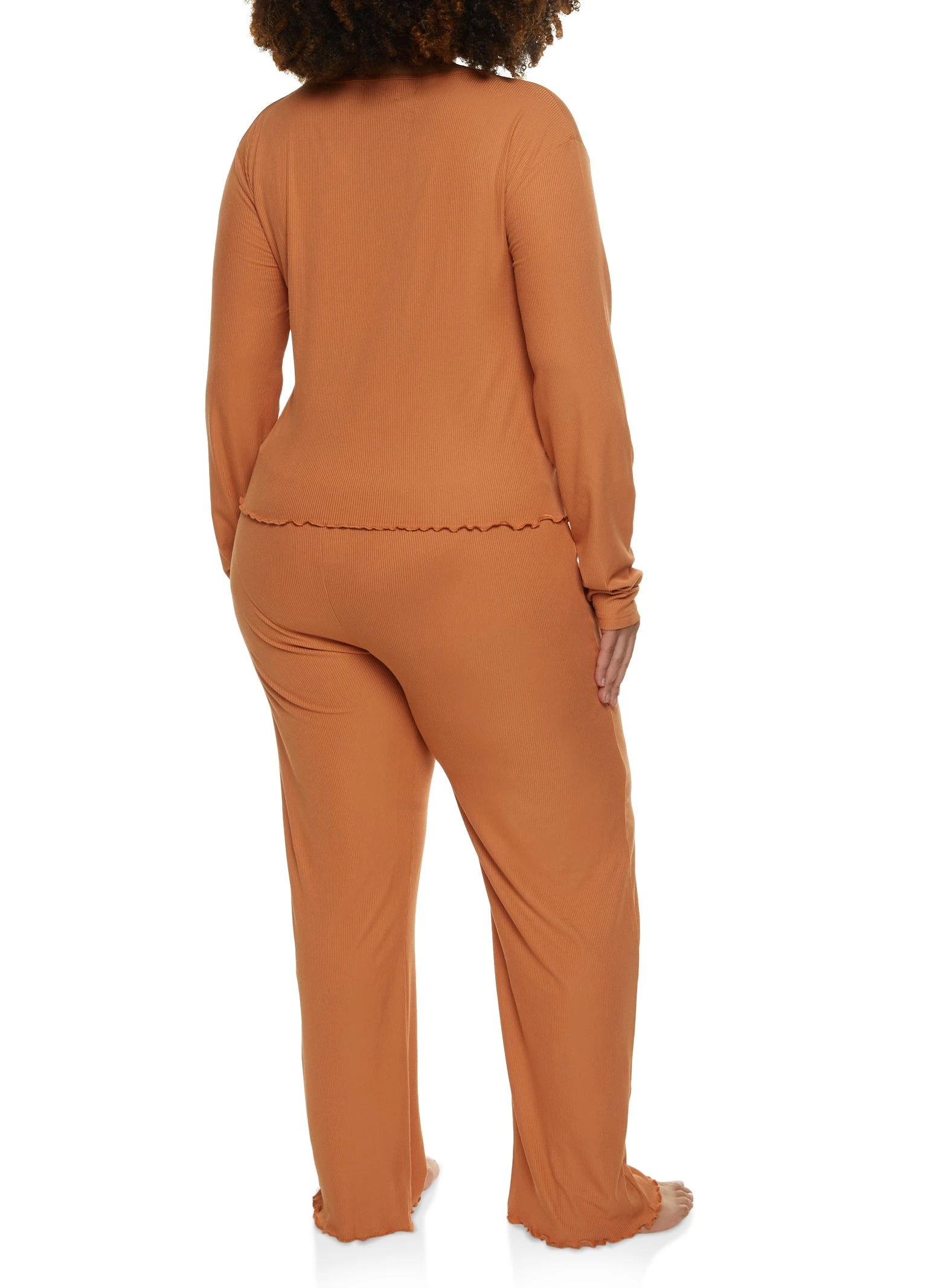 Plus Size Solid Ribbed Knit Lettuce Edge Pajama Top And Pants - Image 2