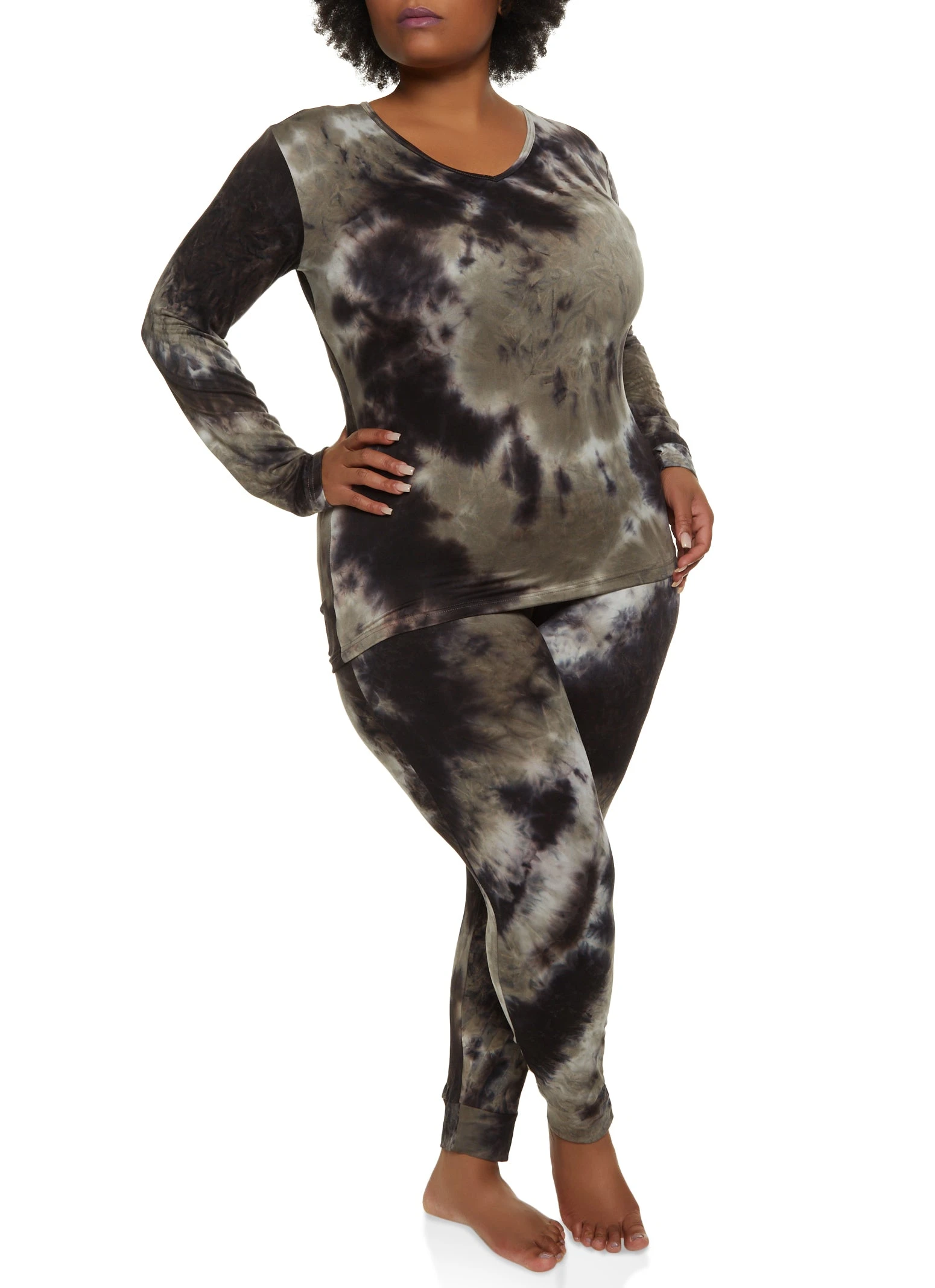 Plus Size Tie Dye V Neck Pajama Top And Pants