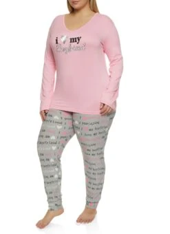 Plus Size I Love My Boyfriend Pajama Long Sleeve Top And Pants