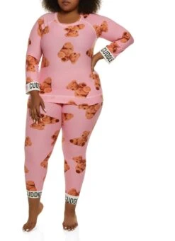 Plus Size Cuddle Bear Print Pajama Top And Pants