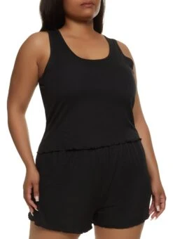 Plus Size Lettuce Edge Pajama Tank Top And Shorts