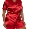 Plus Size Satin Contrast Trim Pajama Shirt And Shorts