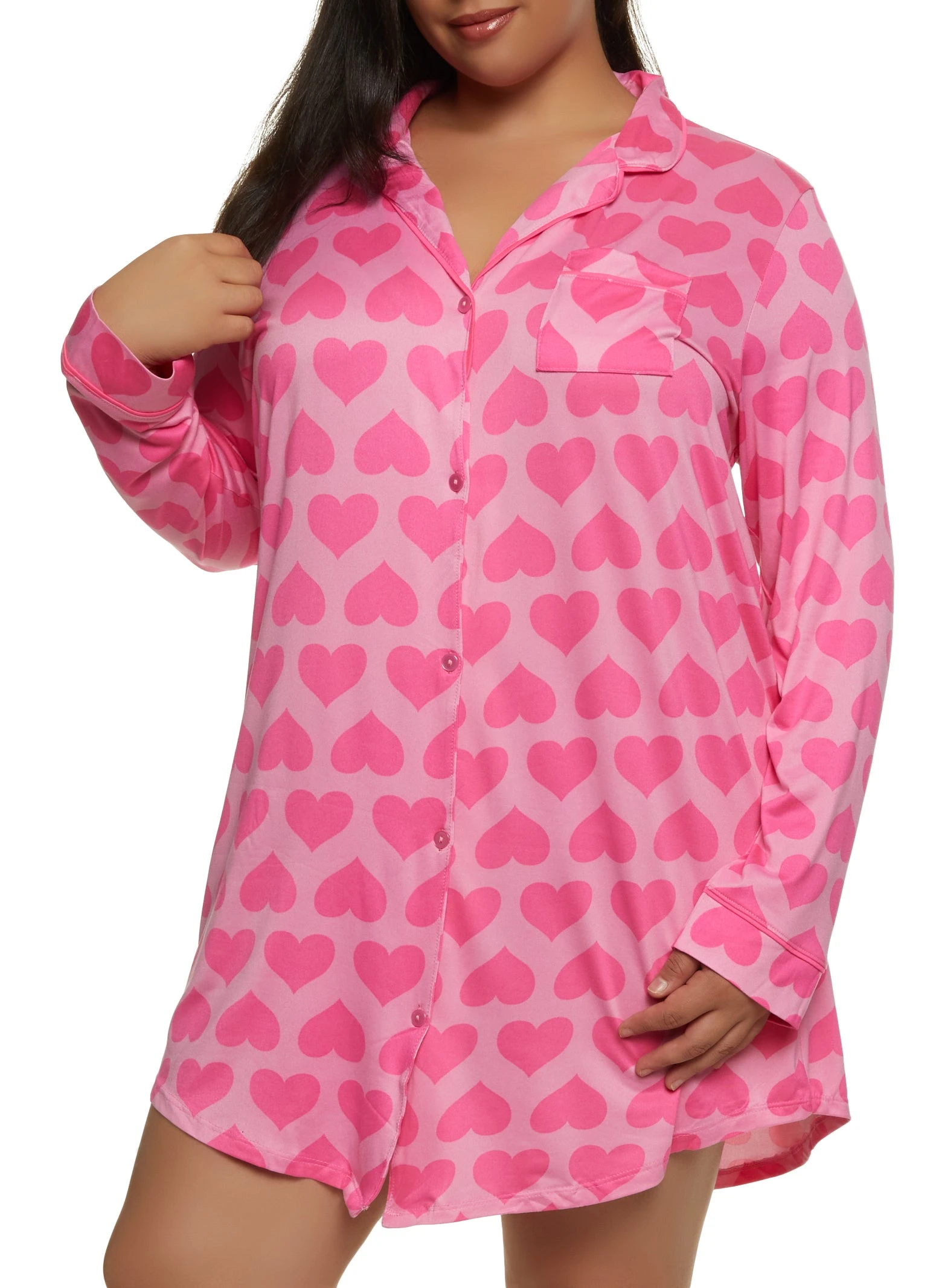 Plus Size Heart Patterned Notch Collar Button Front Nightgown