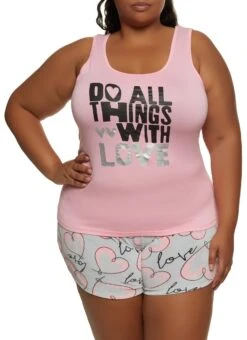 Plus Size Do All Things With Love Pajama Tank Top And Shorts