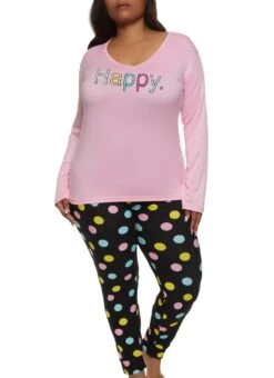 Plus Size Happy Long Sleeve Pajama Top And Pants