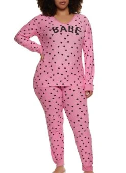 Plus Size Babe Heart Printed Pajama Top And Pants