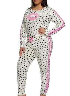 Plus Size Polka Dot Lip Pajama Top And Pants
