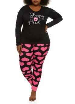 Plus Size Sleepy Head Pajama Top And Printed Pants