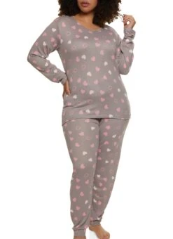 Plus Size Heart Print Pajama Top And Pants