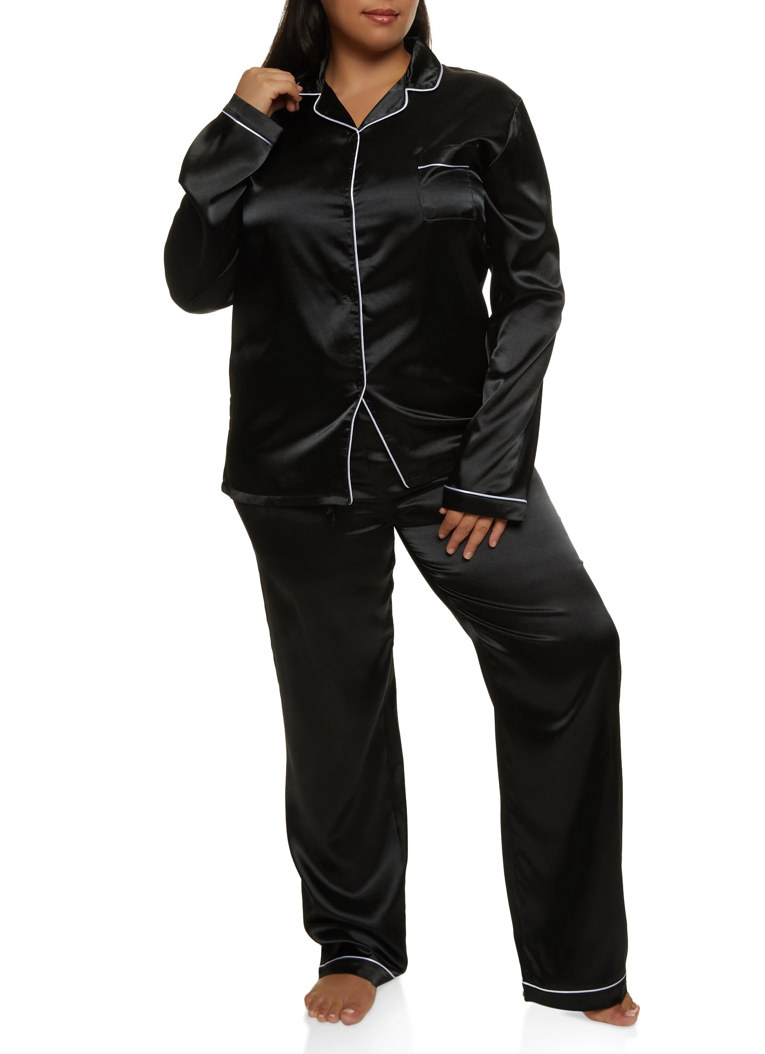 Plus Size Satin Button Down Pajama Shirt And Pants