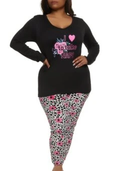 Plus Size Floral Graphic Long Sleeve Pajama Top And Pants
