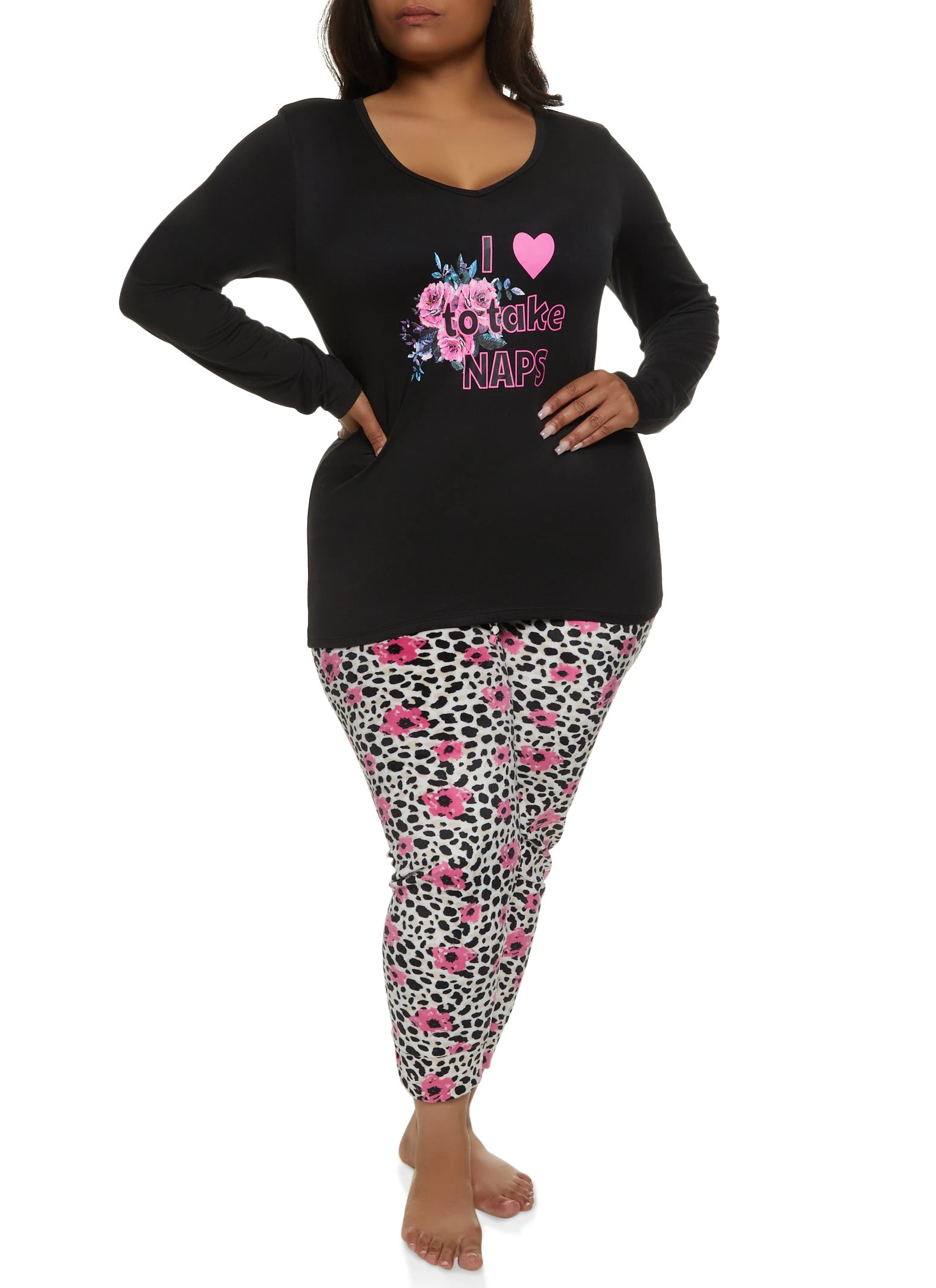 Plus Size Floral Graphic Long Sleeve Pajama Top And Pants - Image 2