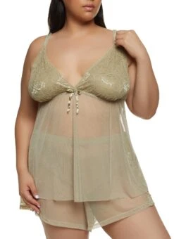 Plus Size Lace Mesh Cami Babydoll And Shorts Set