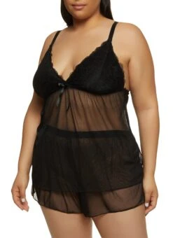 Plus Size Floral Lace Babydoll And Shorts
