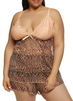 Plus Size Animal Print Floral Lace Babydoll And Shorts