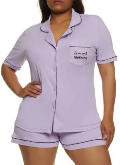 Plus Size Good Morning Notch Collar Pajama Shirt And Shorts