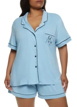 Plus Size Graphic Notch Collar Pajama Shirt And Shorts