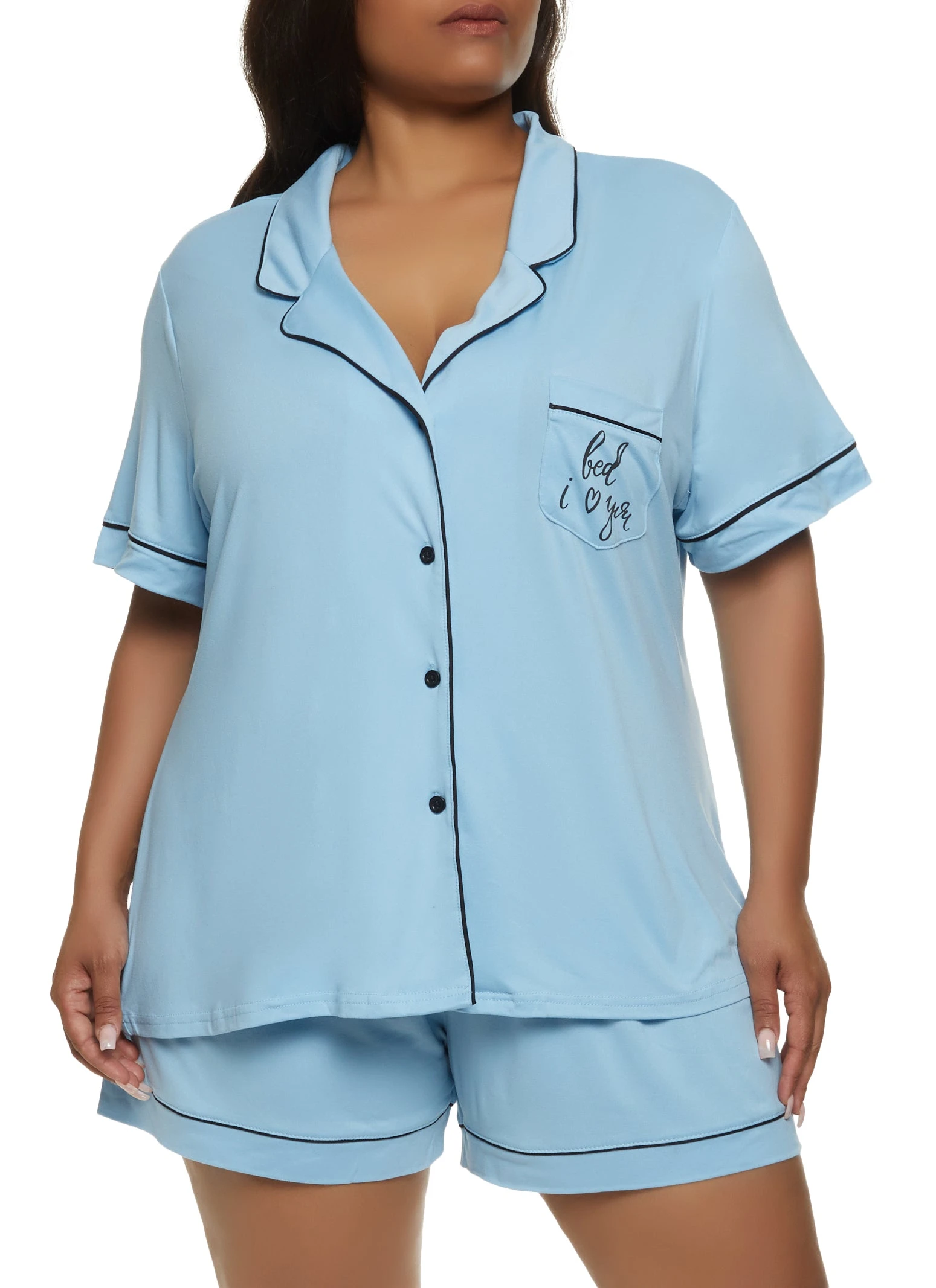 Plus Size Graphic Notch Collar Pajama Shirt And Shorts