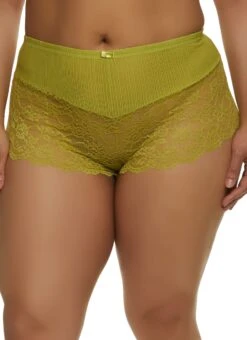 Plus Size Shadow Stripe Floral Lace Boyshort Panty