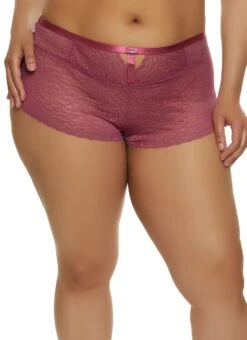 Plus Size Caged V Front Patterned Lace Boyshort Panty